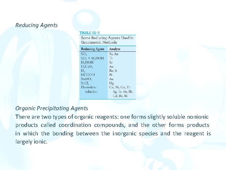 Reducing Agents Organic Precipitating Agents There are two types of organic reagents: one forms