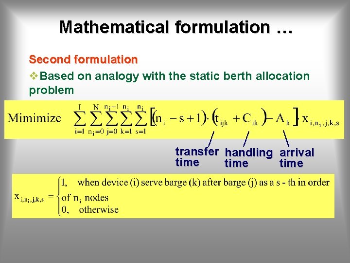 Mathematical formulation … Second formulation v. Based on analogy with the static berth allocation