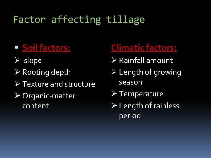 Factor affecting tillage Soil factors: Climatic factors: Ø slope Ø Rooting depth Ø Texture