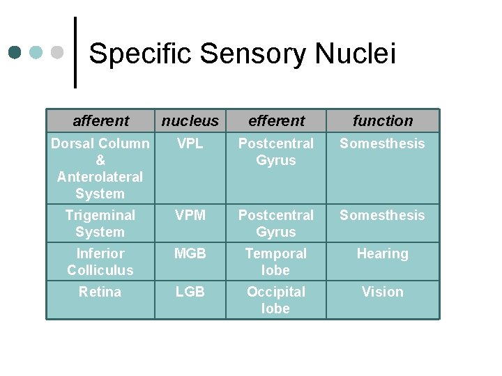 Specific Sensory Nuclei afferent nucleus efferent function Dorsal Column & Anterolateral System VPL Postcentral