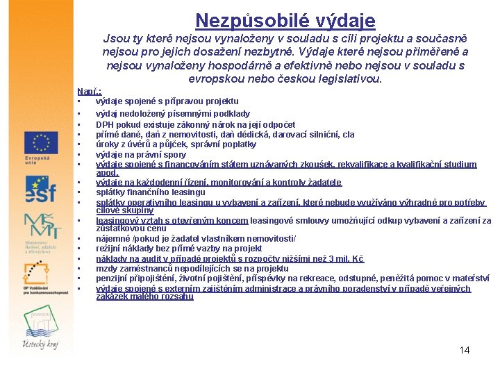 Nezpůsobilé výdaje Jsou ty které nejsou vynaloženy v souladu s cíli projektu a současně Nezpůsobilé výdaje Jsou ty které nejsou vynaloženy v souladu s cíli projektu a současně