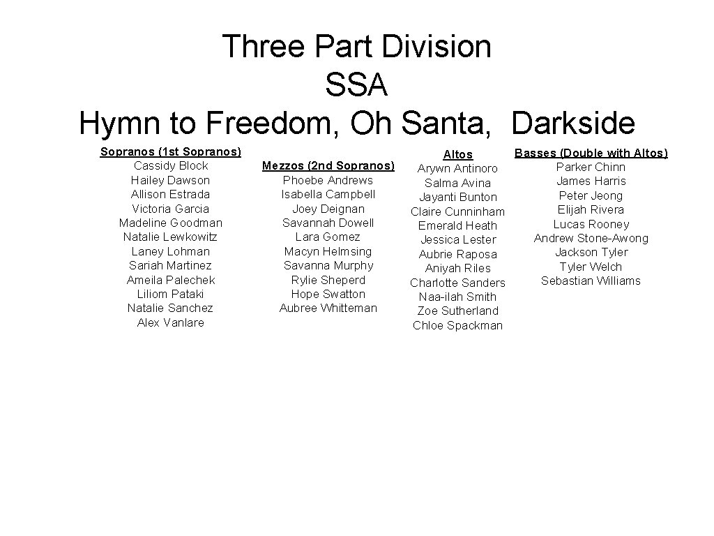 Three Part Division SSA Hymn to Freedom, Oh Santa, Darkside Sopranos (1 st Sopranos)