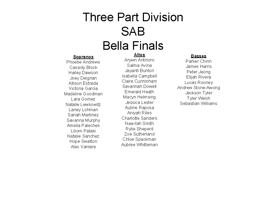 Three Part Division SAB Bella Finals Sopranos Phoebe Andrews Cassidy Block Hailey Dawson Joey