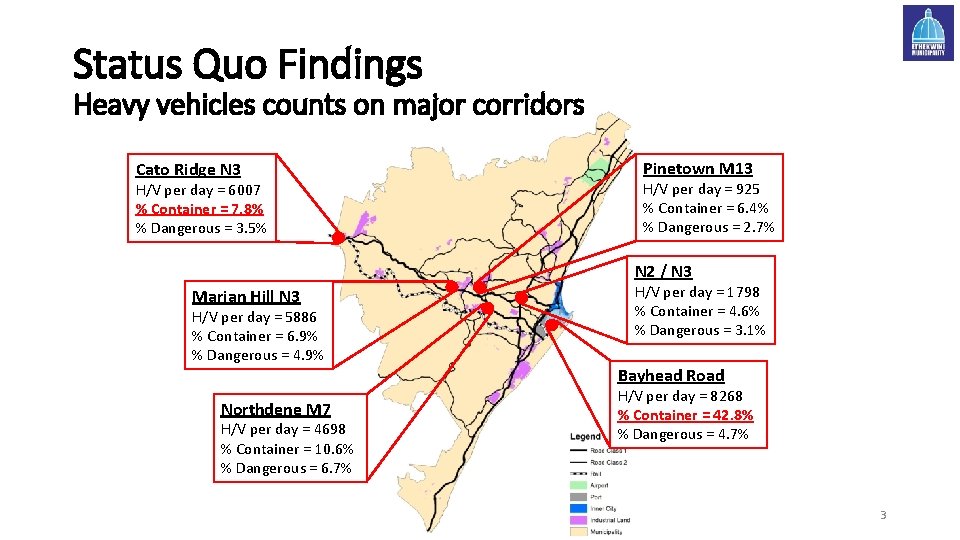 Status Quo Findings Heavy vehicles counts on major corridors Cato Ridge N 3 H/V
