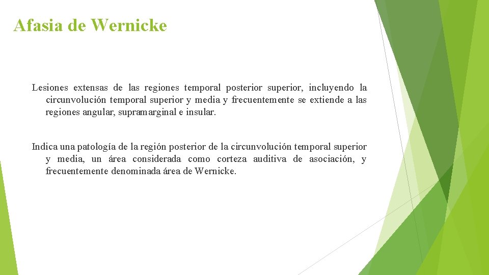 Afasia de Wernicke Lesiones extensas de las regiones temporal posterior superior, incluyendo la circunvolución