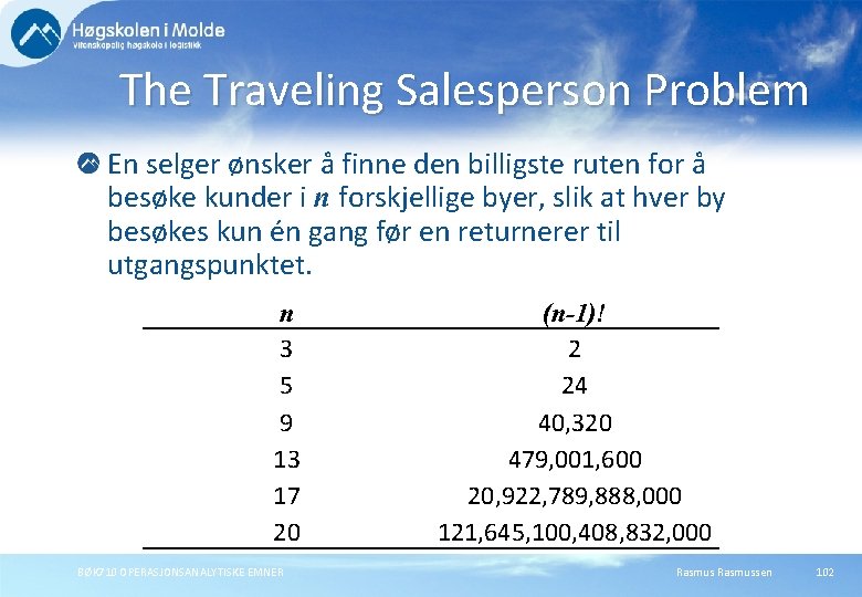 The Traveling Salesperson Problem En selger ønsker å finne den billigste ruten for å