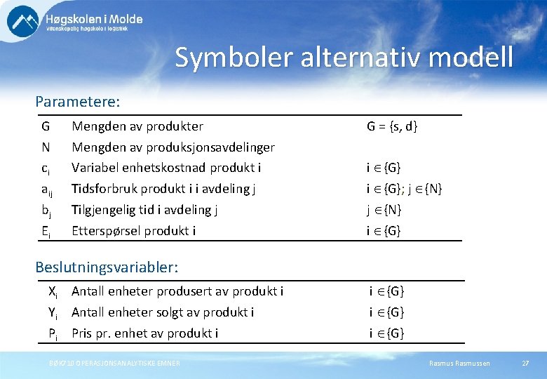 Symboler alternativ modell Parametere: G N ci aij bj Ei Mengden av produkter Mengden