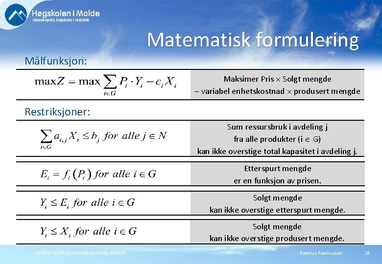 Matematisk formulering Målfunksjon: Maksimer Pris Solgt mengde variabel enhetskostnad produsert mengde Restriksjoner: Sum ressursbruk