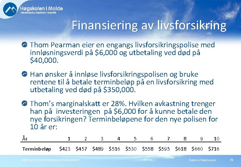 Finansiering av livsforsikring Thom Pearman eier en engangs livsforsikringspolise med innløsningsverdi på $6, 000