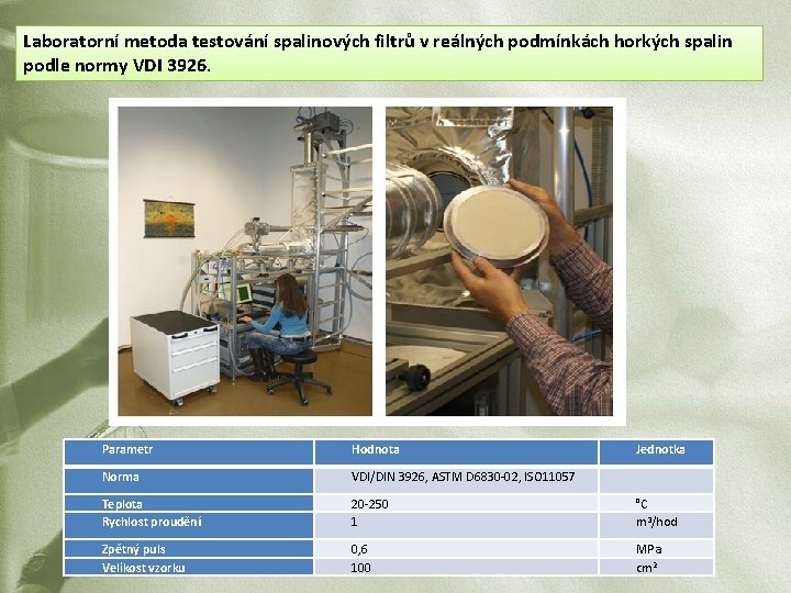 Laboratorní metoda testování spalinových filtrů v reálných podmínkách horkých spalin podle normy VDI 3926.