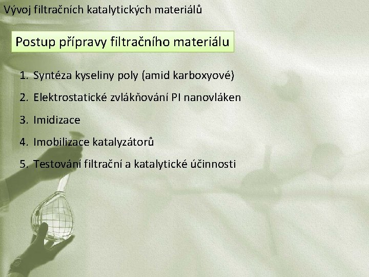 Vývoj filtračních katalytických materiálů Postup přípravy filtračního materiálu 1. Syntéza kyseliny poly (amid karboxyové)