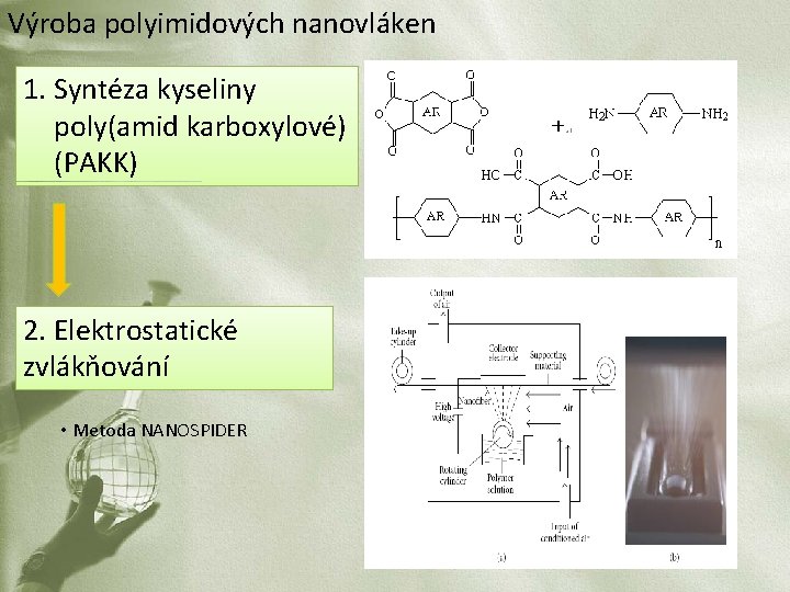 Výroba polyimidových nanovláken 1. Syntéza kyseliny poly(amid karboxylové) (PAKK) 2. Elektrostatické zvlákňování • Metoda