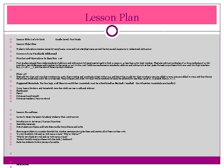 Lesson Plan � � � Lesson Title: Let’s Go Back Grade Level: First Grade