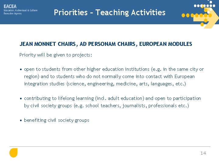 Priorities – Teaching Activities JEAN MONNET CHAIRS, AD PERSONAM CHAIRS, EUROPEAN MODULES Priority will