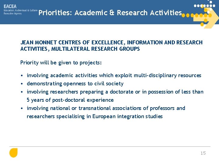 Priorities: Academic & Research Activities JEAN MONNET CENTRES OF EXCELLENCE, INFORMATION AND RESEARCH ACTIVITIES,