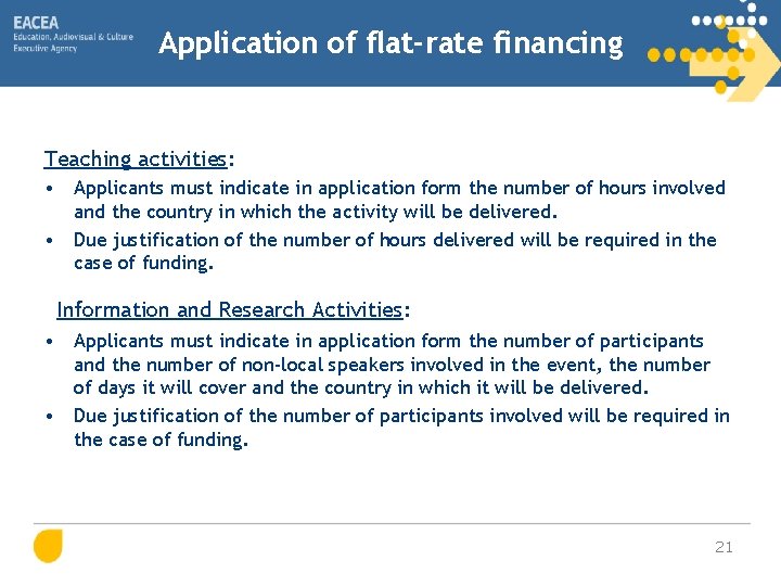 Application of flat-rate financing Teaching activities: • Applicants must indicate in application form the