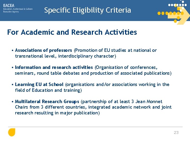 Specific Eligibility Criteria For Academic and Research Activities • Associations of professors (Promotion of