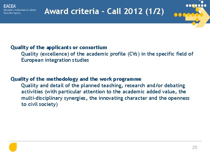 Award criteria – Call 2012 (1/2) Quality of the applicants or consortium Quality (excellence)