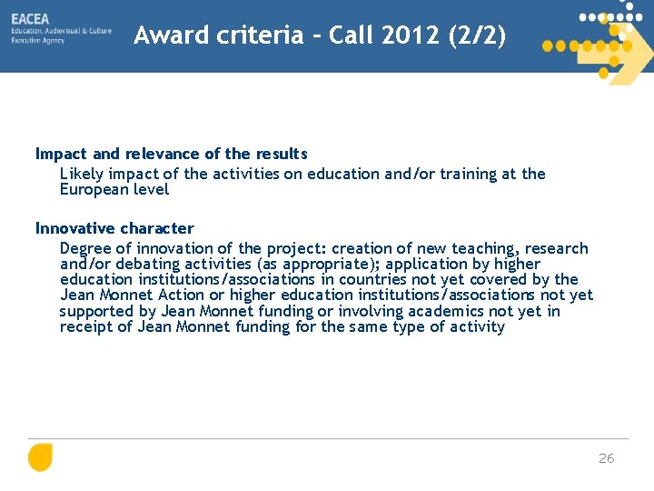 Award criteria – Call 2012 (2/2) Impact and relevance of the results Likely impact