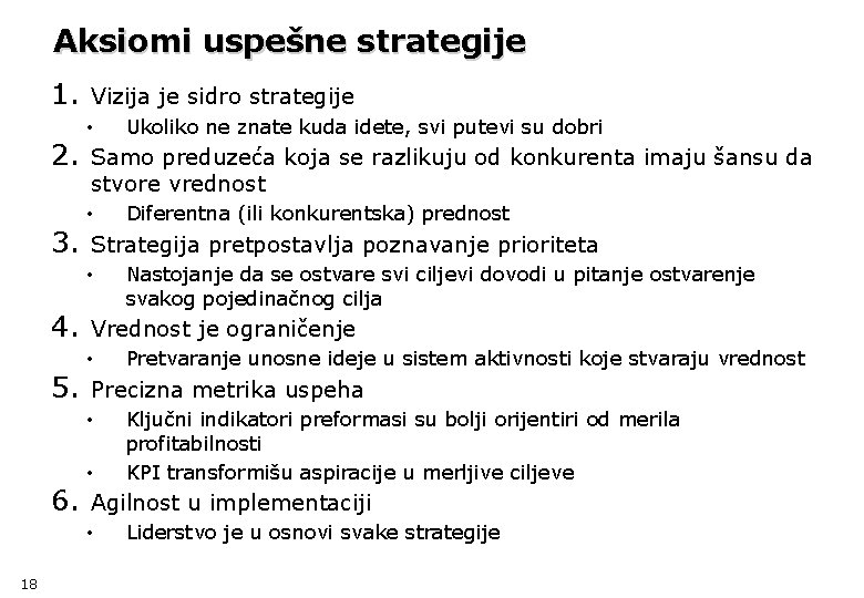 Aksiomi uspešne strategije 1. 2. 3. Vizija je sidro strategije • Samo preduzeća koja