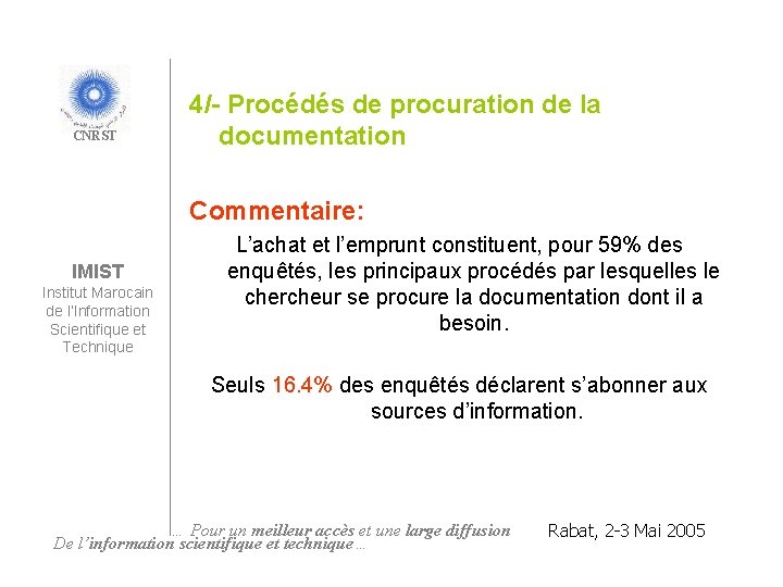 CNRST 4/- Procédés de procuration de la documentation Commentaire: IMIST Institut Marocain de l’Information