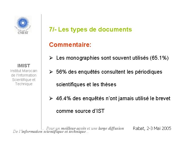 CNRST 7/- Les types de documents Commentaire: Les monographies sont souvent utilisés (65. 1%)