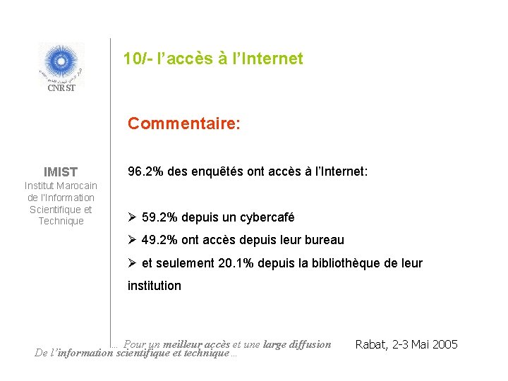 10/- l’accès à l’Internet CNRST Commentaire: IMIST Institut Marocain de l’Information Scientifique et Technique