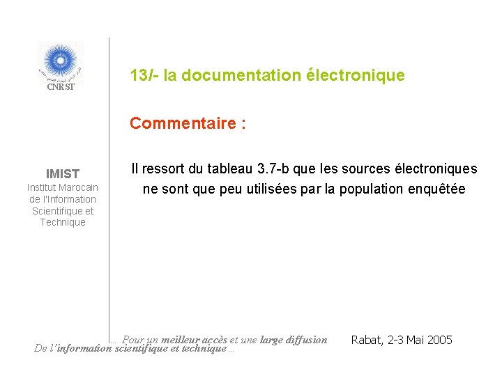 CNRST 13/- la documentation électronique Commentaire : IMIST Institut Marocain de l’Information Scientifique et