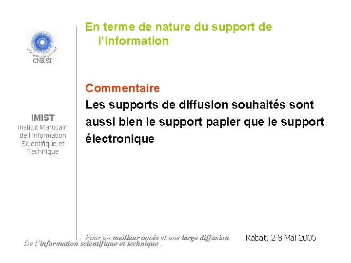 En terme de nature du support de l’information CNRST IMIST Institut Marocain de l’Information