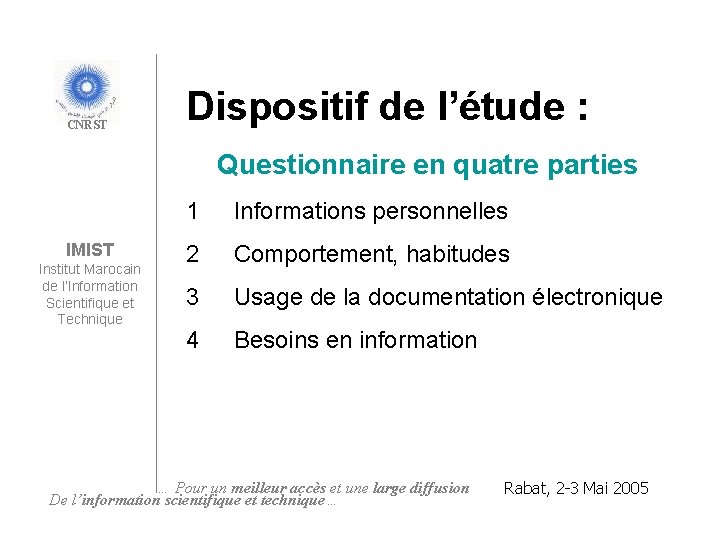 CNRST Dispositif de l’étude : Questionnaire en quatre parties IMIST Institut Marocain de l’Information