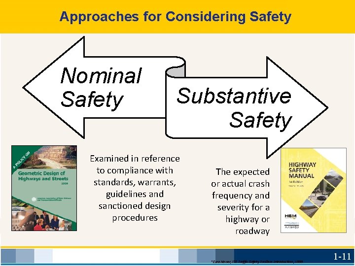 Approaches for Considering Safety Nominal Safety Substantive Safety Examined in reference to compliance with