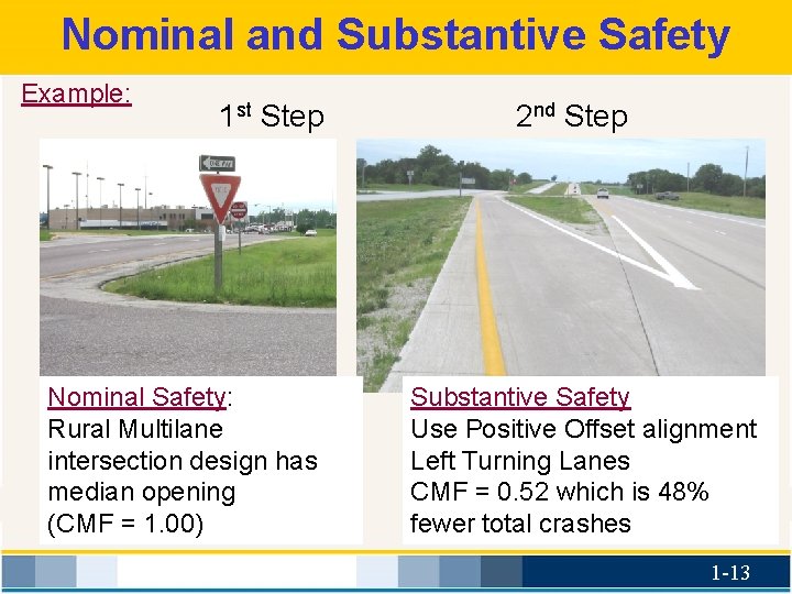 Nominal and Substantive Safety Example: 1 st Step Nominal Safety: Rural Multilane intersection design