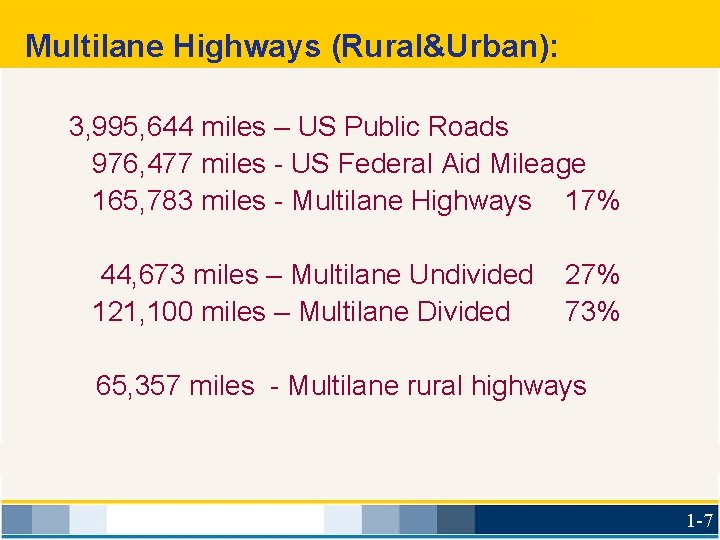 Multilane Highways (Rural&Urban): 3, 995, 644 miles – US Public Roads 976, 477 miles