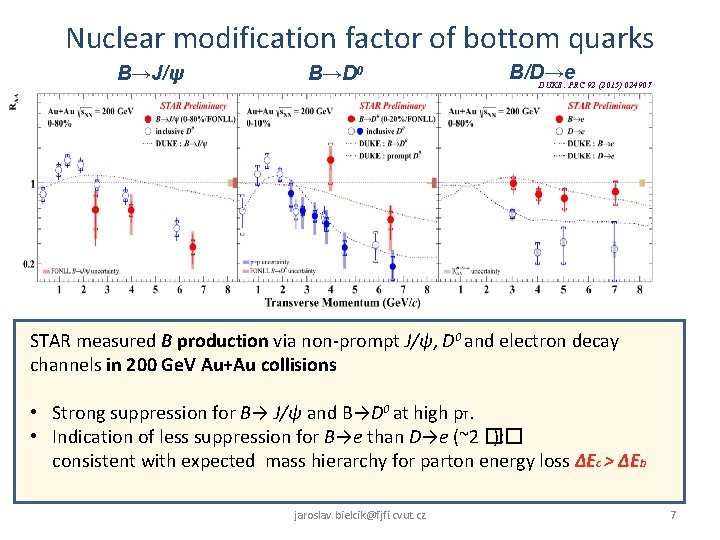 Nuclear modification factor of bottom quarks B→J/ψ B→D 0 B/D→e DUKE: PRC 92 (2015)