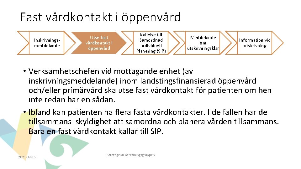 Fast vårdkontakt i öppenvård Inskrivningsmeddelande Utse fast vårdkontakt i öppenvård Kallelse till Samordnad Individuell