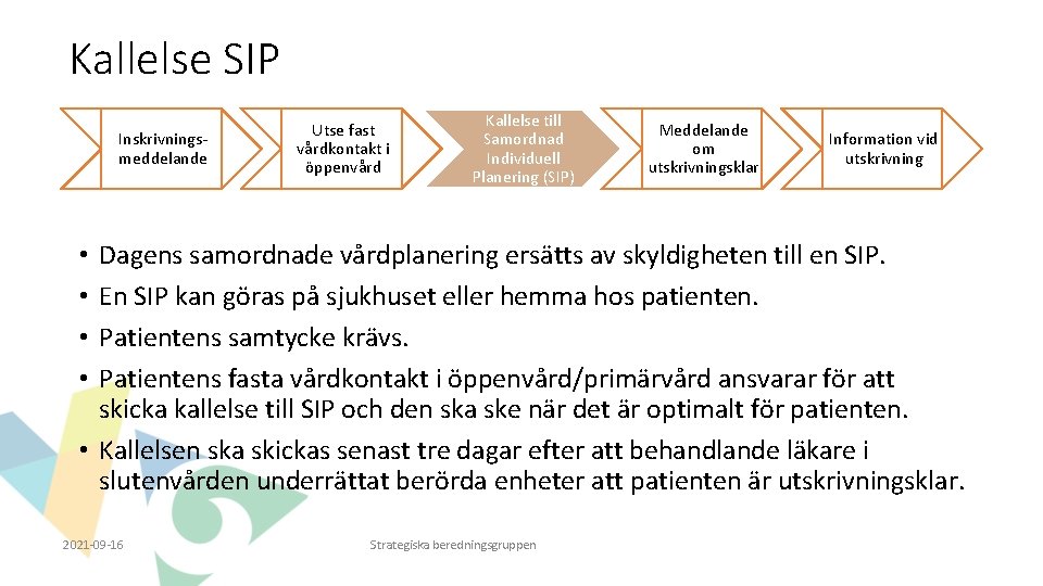 Kallelse SIP Inskrivningsmeddelande Utse fast vårdkontakt i öppenvård Kallelse till Samordnad Individuell Planering (SIP)