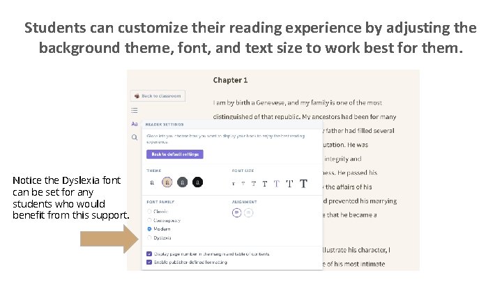 Students can customize their reading experience by adjusting the background theme, font, and text