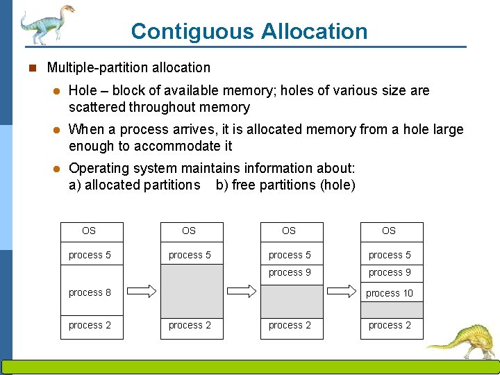Contiguous Allocation n Multiple-partition allocation l Hole – block of available memory; holes of