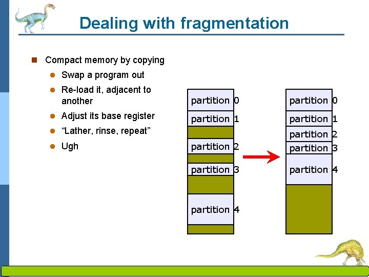 Dealing with fragmentation n Compact memory by copying l Swap a program out l