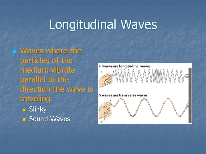 Longitudinal Waves n Waves where the particles of the medium vibrate parallel to the