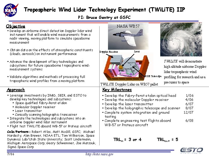 Tropospheric Wind Lidar Technology Experiment (TWi. Li. TE) IIP PI: Bruce Gentry at GSFC