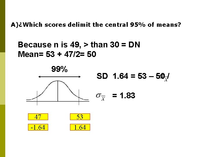 A)¿Which scores delimit the central 95% of means? Because n is 49, > than