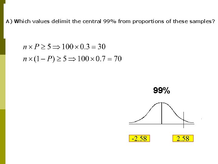 A) Which values delimit the central 99% from proportions of these samples? 99% -2.