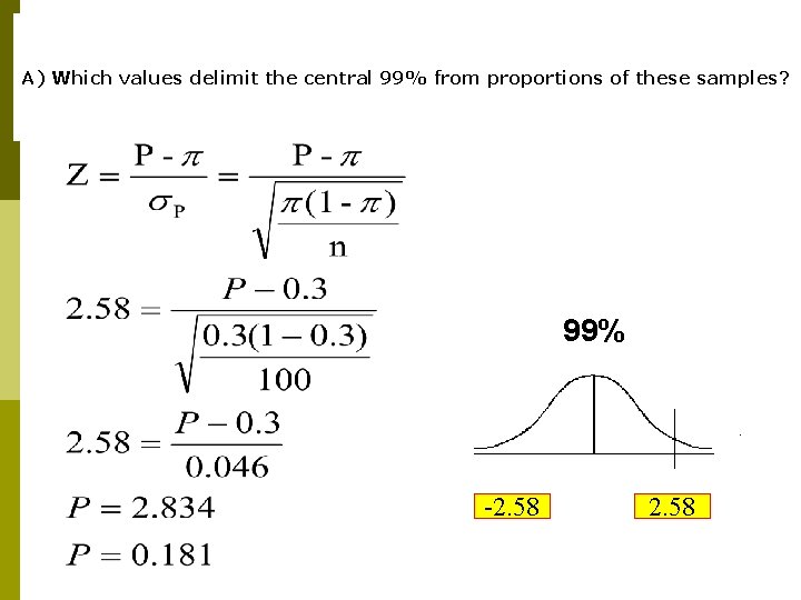 A) Which values delimit the central 99% from proportions of these samples? 99% -2.