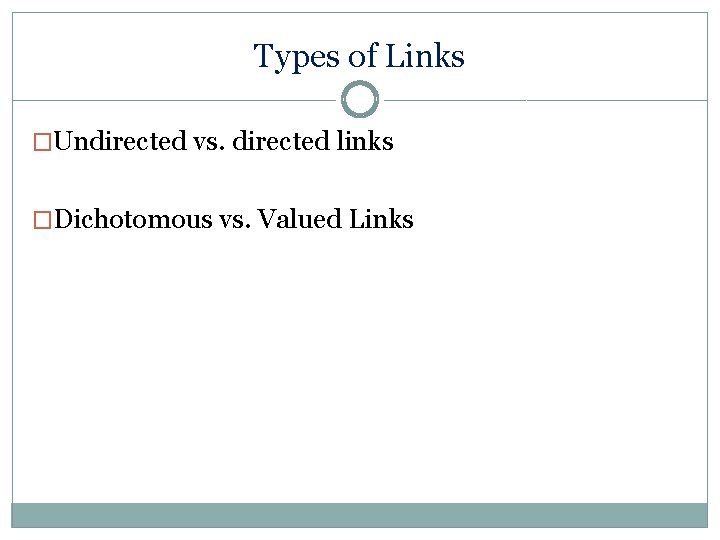 Types of Links �Undirected vs. directed links �Dichotomous vs. Valued Links 