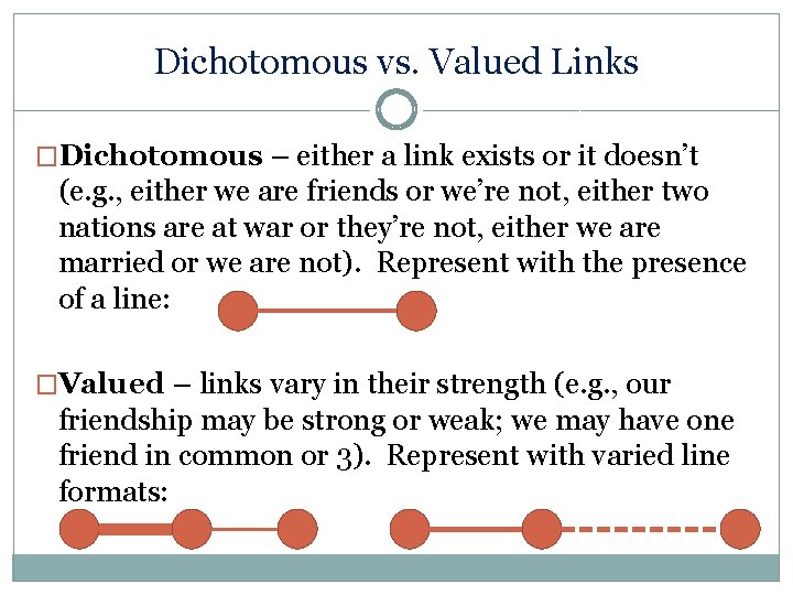 Dichotomous vs. Valued Links �Dichotomous – either a link exists or it doesn’t (e.