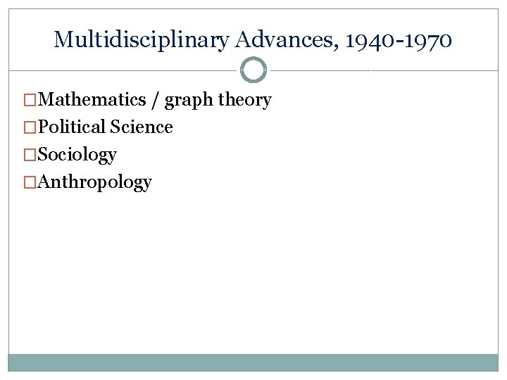 Multidisciplinary Advances, 1940 -1970 �Mathematics / graph theory �Political Science �Sociology �Anthropology 