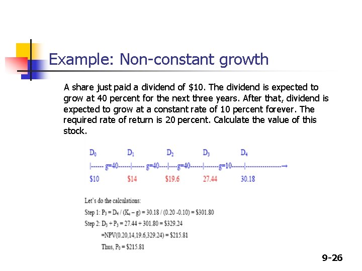 Example: Non-constant growth A share just paid a dividend of $10. The dividend is