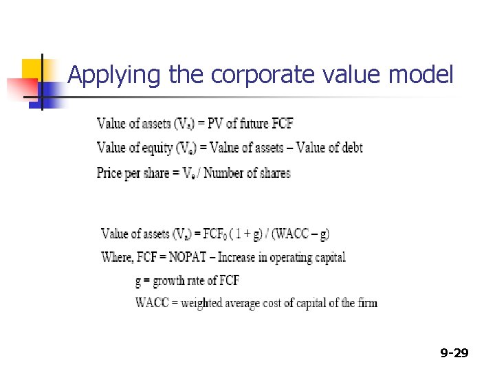Applying the corporate value model 9 -29 