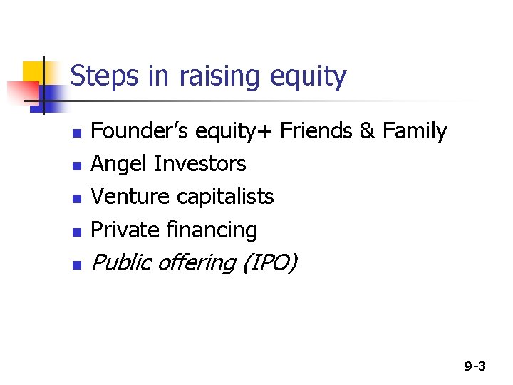 Steps in raising equity n Founder’s equity+ Friends & Family Angel Investors Venture capitalists